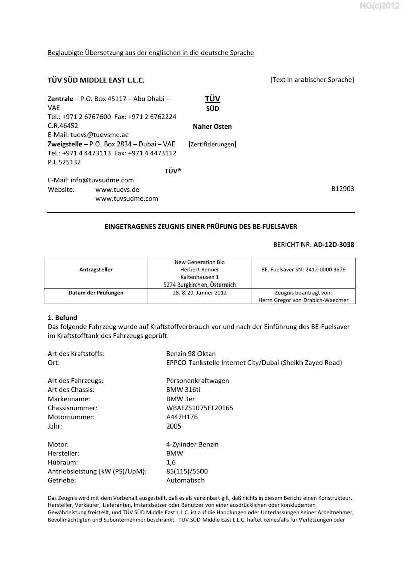 TÜV SÜD M.E. Prüfbericht
