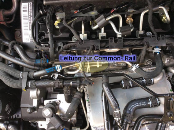Orientierungsaufnahme einer Leitung zur Common-Rail-Anlage im Motorraum
