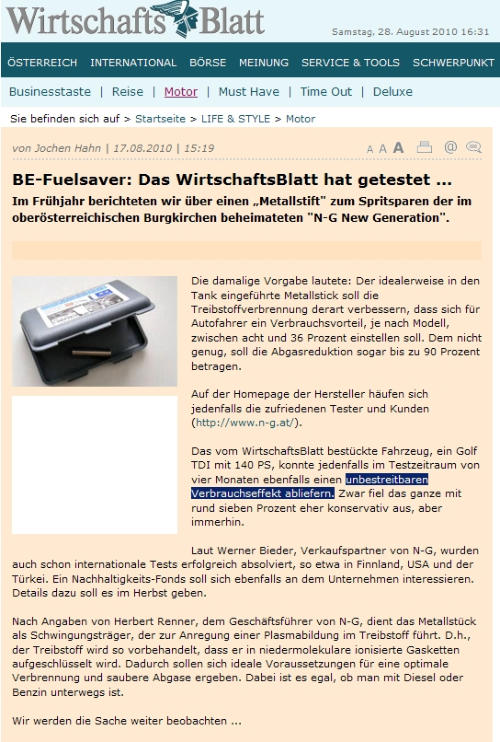 Historischer Pressebeitrag zum BE-Fuelsaver im WirtschaftsBlatt